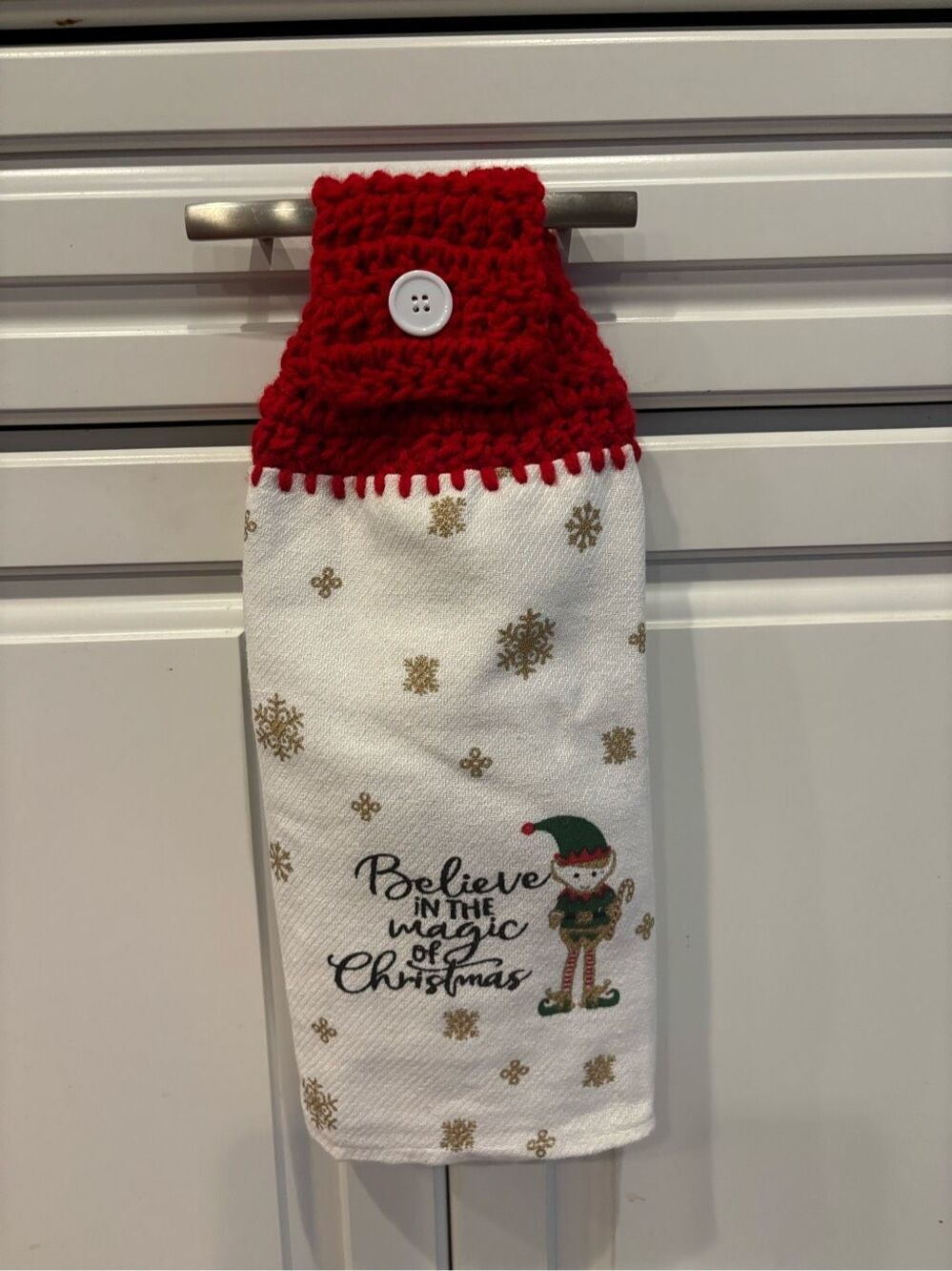 Crochet Top Kitchen Towel-Believe in magic of Christmas. Red topper